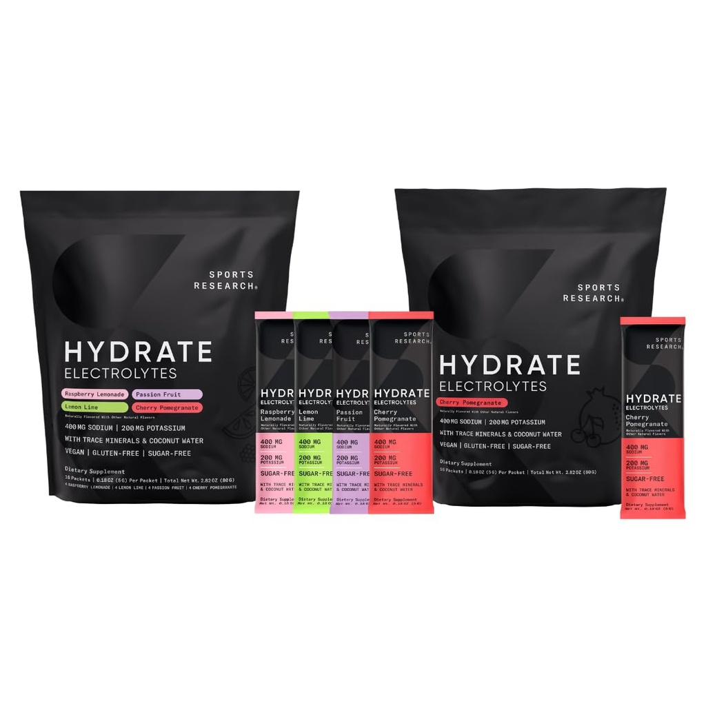 Sportonderzoek Hydrate Electrolytes Combo Pack - Suikervrij & natuurlijk met vitamines, mineralen en kokoswater - Ondersteunt Hydration - 32 Packets - Cherry Granaatappel Dominant Flavor
