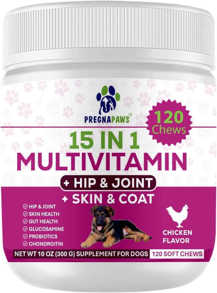 15-en-1 Vitamines postnatales pour chiens - Améliore la récupération, soutient la santé articulaire, la peau et les soins du manteau - Probiotiques et multivitamines pour chiens allaitants - 120 Comprimés d'arôme de poulet à croquer