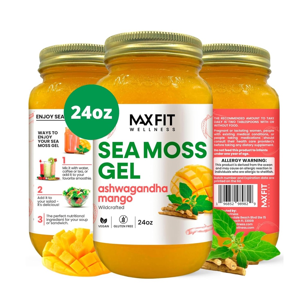 Sea Moss Gel Ashwagandha Mango (25 smaken) 24oz Wildsrafted Gold Sea Moss Gel van Saint Lucia 