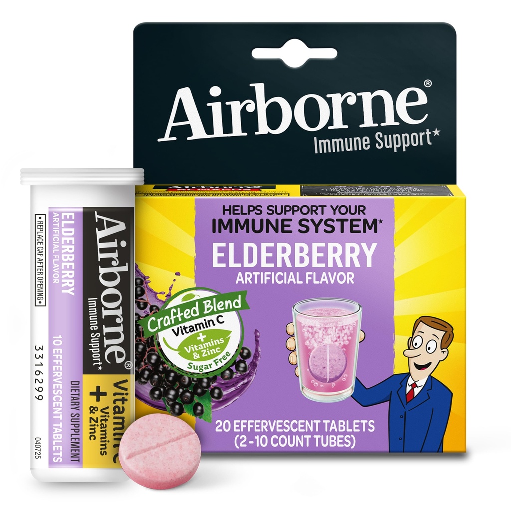 Airborne Elderberry + Zinc & Vitamin C Effervescent Tablets, Immune Support Supplement with Powerful Antioxidant Vitamins A C E, 20 Fizzy Drink Tablets, Elderberry Flavor