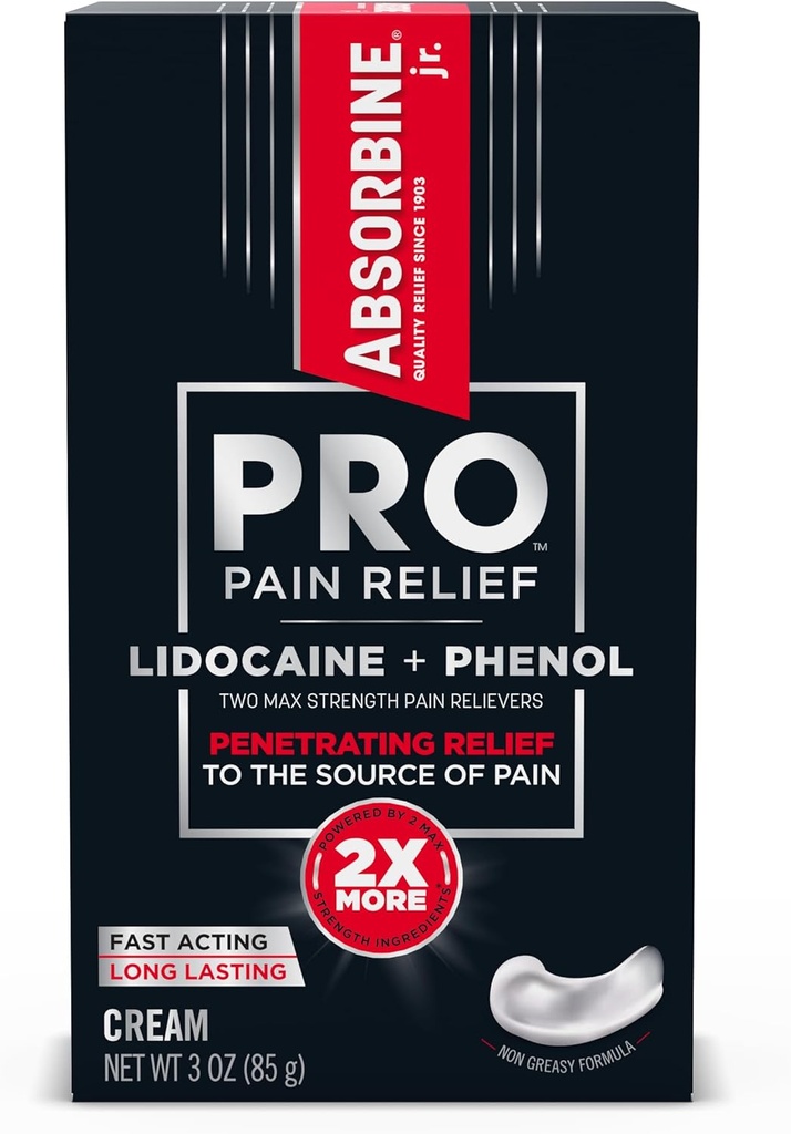 ABSORBINE JR. Absorbine Jr. PRO Max Strength Lidocaine Cream, Maximale pijnverlichting met fenol voor het snel werken van zenuwpijn, spierpijn, en gewrichtsklachten, niet-geweldige formule, 3oz. Tube, 1