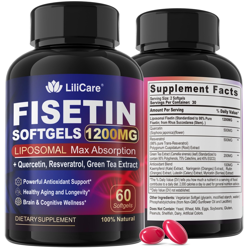 LILICARE Fisetin Supplement - Liposomal Super Absorption 98% Pure 1200mg with Quercetin, Resveratrol, Green Tea Extract for Healthy Aging & Longevity, Skin Health, Brain & Antioxidant - 60 Softgels