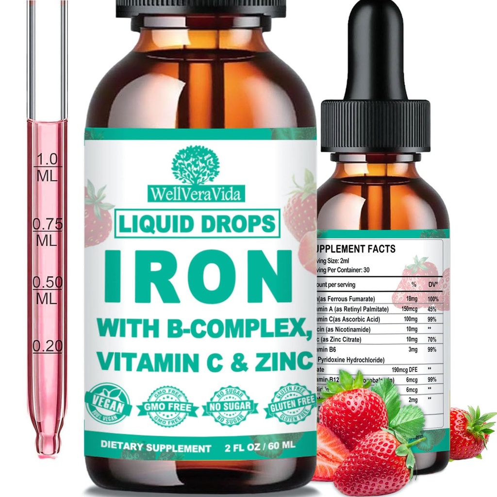 Liquid Iron Supplement w/Vitamine C, B-Complex, High Potency Iron Liquid w. Multivitamine, Vegan Iron Drops for Women, Kids, Chelate Liquid Iron Supplement for Anemia, Fatigue, Red Blood Cell Support