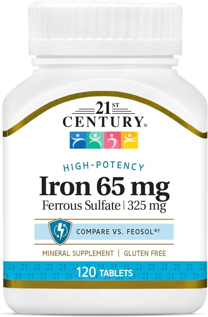 21ème siècle Fer 65 mg avec sulfate ferreux 325 mg - 100 comprimés, boîte de 3