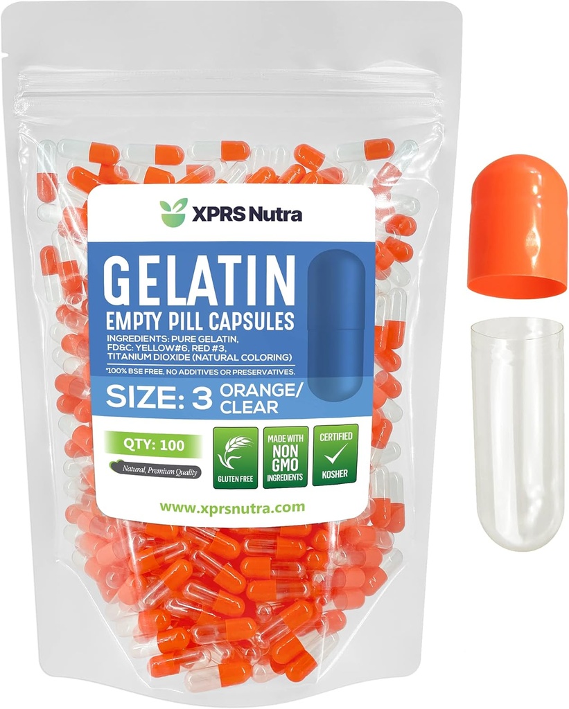 XPRS Nutra Taille 3 Capsules vides - 100 Compte Capsules de gélatine vides - Pills Bricolage Capsule Remplissage - Pure Pilule de Gel de Pilule pour Do-It-Youlf Vitamines et Suppléments (Orange/Clear)