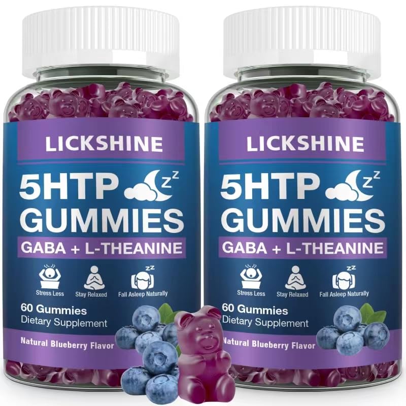 2 Pack 300MG 5-HTP GABA Sleep Supplement Gummies met 200mg L-Theanine Supplement voor Hersenen, Mood Stabilizer en Slaapondersteuning, Melatonine-Free, Omega 3-6-9 voor Natuurlijke Zzzs, Blueberry Flavor