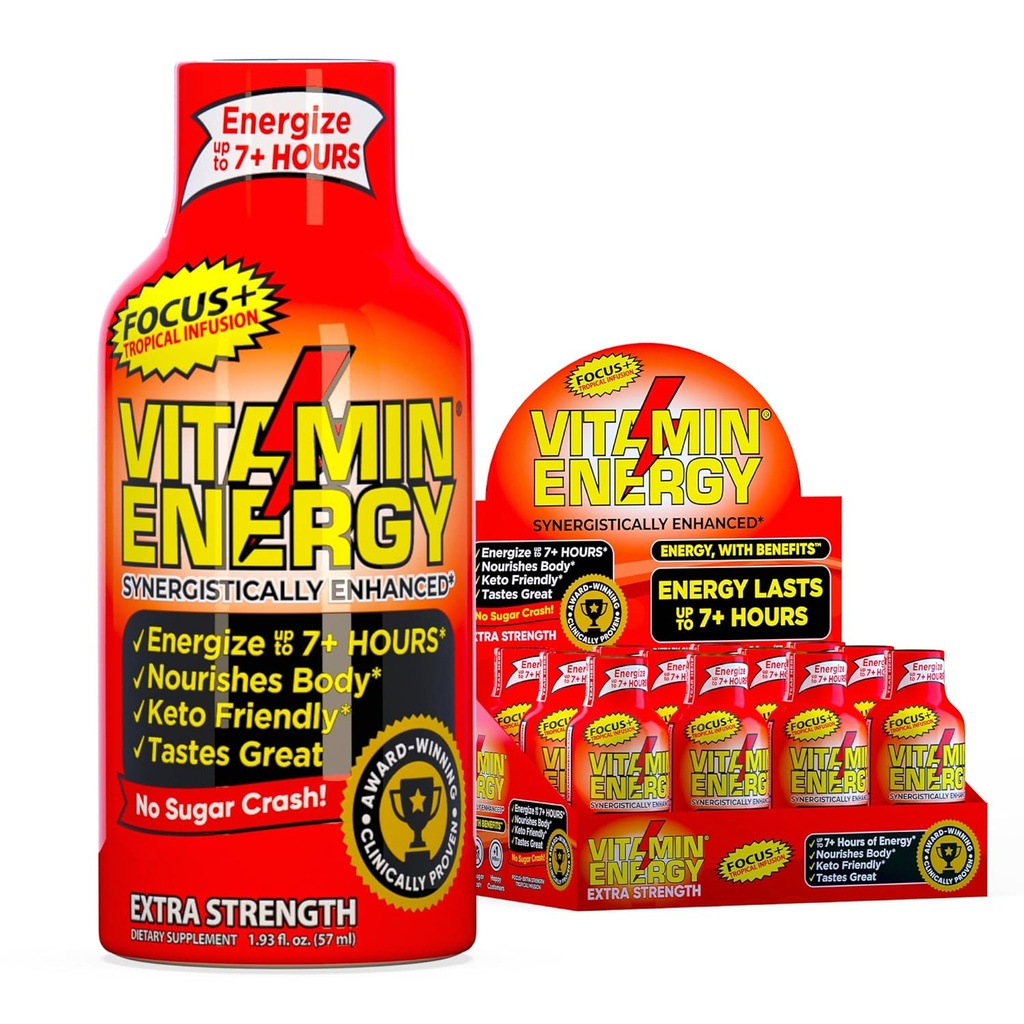 Vitamine Energie Focus+ Extra sterkte Energie Shot Tropische Infusie 12 Pack, 260mg Natuurlijke Cafeïne, B-Vitaminen, CoQ10, Aminozuren, Focus, Productiviteit & Duidelijkheid, Zero Sugar, Gluten-Free, 1,93 fl oz