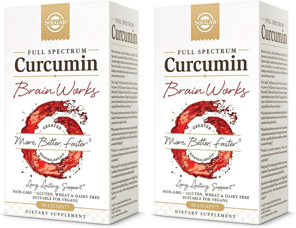 Solgar Full Spectrum Curcumin Brain Works, 90 Licaps - Ondersteuning Geheugen Herinnering, Focus, Cognitieve Functie - Antioxidant Ondersteuning - Curcumin, BacoMind, Choline, Vitamine B12 - Non-GMO, Veganist - (Pack of 2)