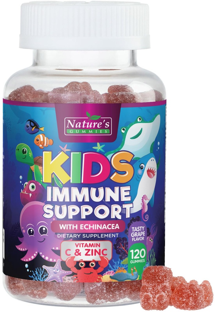 Kinderen Immune Support Supplement Gummies - Dagelijkse kinderen Vitaminen C, Zink & Echinacea - Gummy voor kinderen Immuniteit Ondersteuning, Leeftijd 4 en hoger, Natuurlijke Berry Smaak, Non-GMO, Glutenvrije & Vegan - 120 Gummies