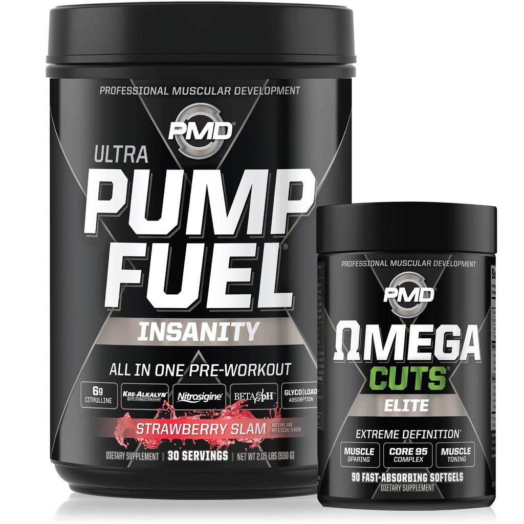 PMD Sport Ultra Pump Fuel Insanity - Pre workout - Strawberry Slam (30 Servings) Sport Omega Cuts Elite Thermogenic Fat Burner (90 Softgels