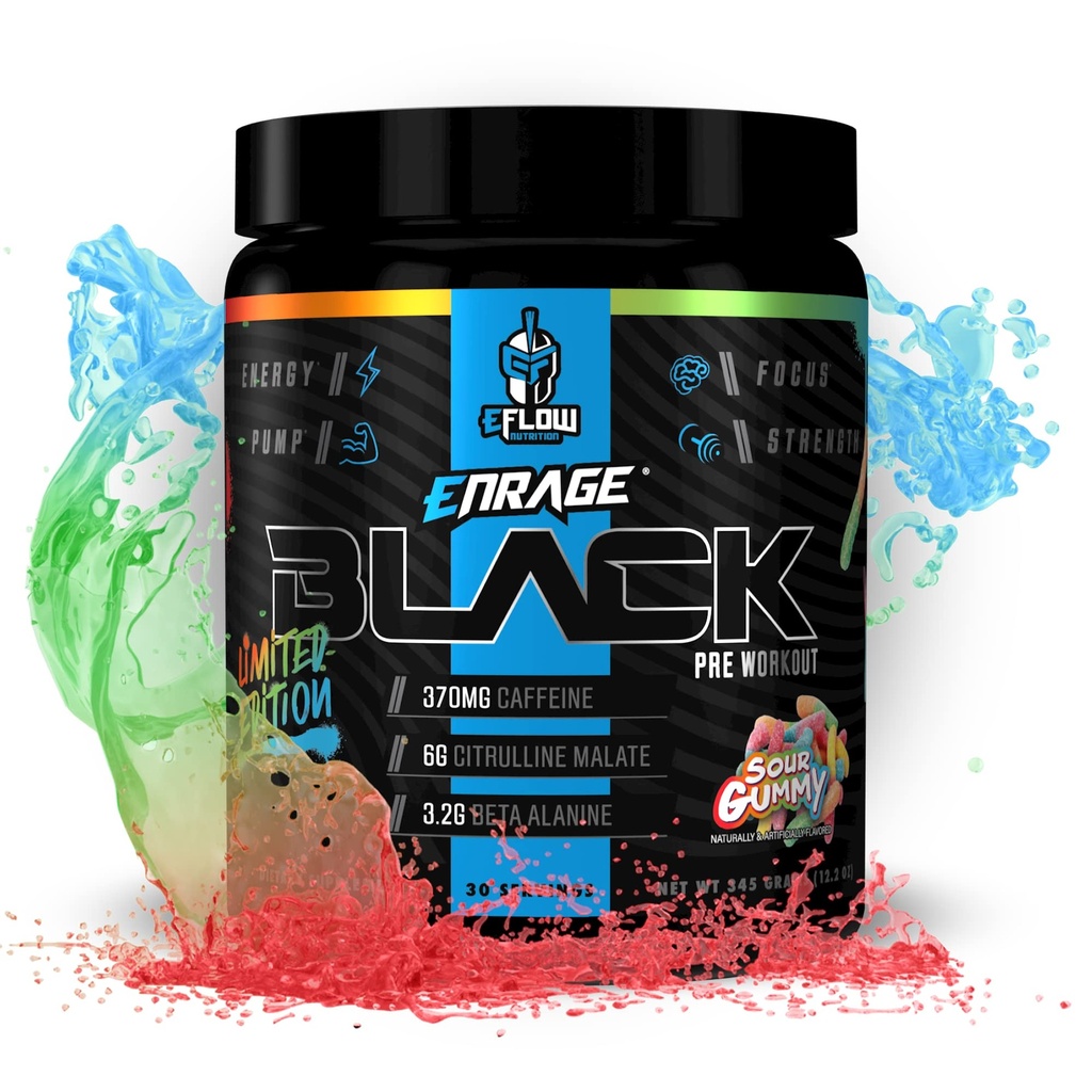 Supplément pré-entraînement pour la nutrition eFlow Enrage Black High Stimulant - Poudre pour stimuler l'énergie, les pompes et la force - 4 saveurs (30 portions) (Sour Gummy)