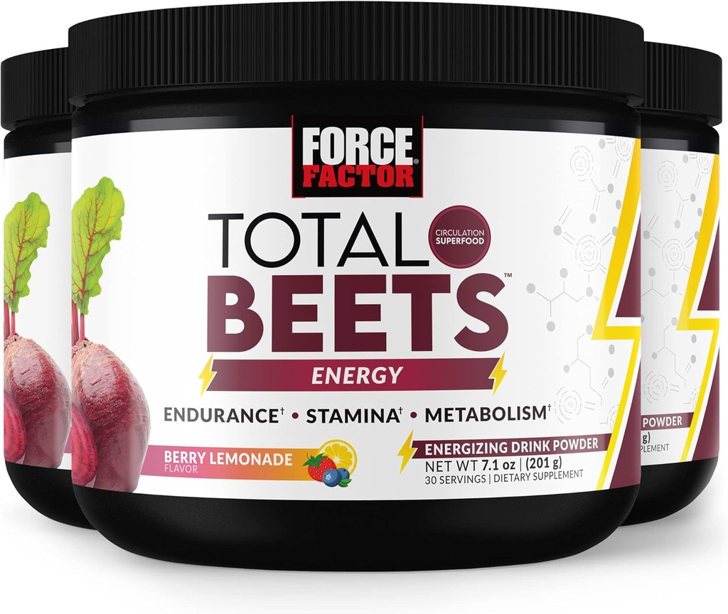 FORCE FACTOR Total Beets Energy Drink Mix 3-pack, Superfood Beet Root Powder, Nitraten om energie te stimuleren, Ondersteuning Circulatie, Bloedstroom, Nitrik Oxidatie en uithoudingsvermogen, Hart Gezondheid Supplement, 90 porties