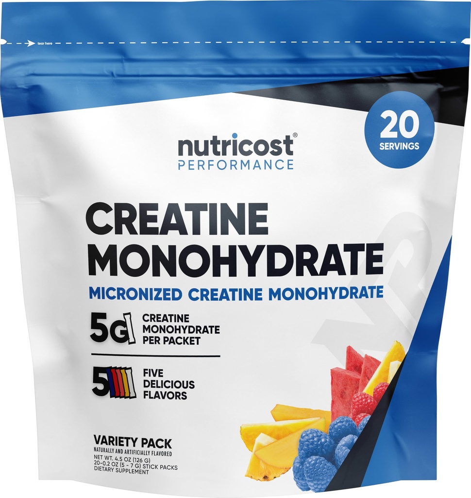 Boîtes à bâtons en poudre monohydraté de la créatine de Nutricost (5 arômes, 20 portions) - Micronisé, 5 grammes de monohydrate de créatine par emballage