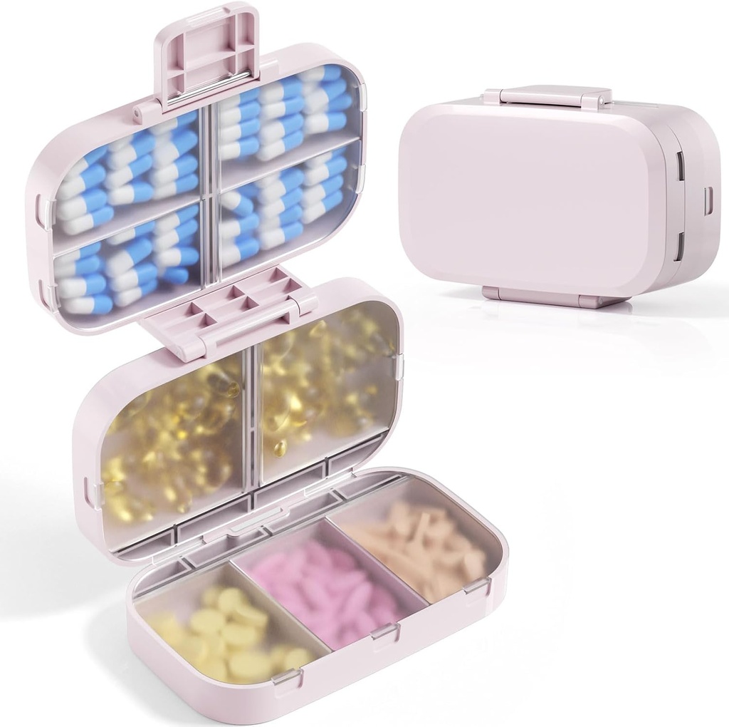 MEACOLIA Triple-opvouwbare pil Organizer, 9 Compartments Travel pil Case met grote capaciteit, dagelijkse pil Box kleine pil Container voor vitamine, kabeljauw leverolie, aanvullingen (Beige)