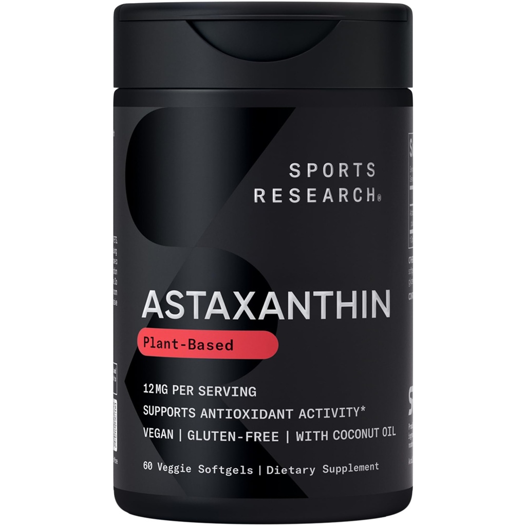 Sportonderzoek Triple Strength Vegan Astaxanthine Supplement van Algen - Plant Based Softgels voor antioxidante activiteit, huid en oog gezondheid - niet-GMO geverifieerd, gemaakt met kokosolie - 12mg, 60 Tel.