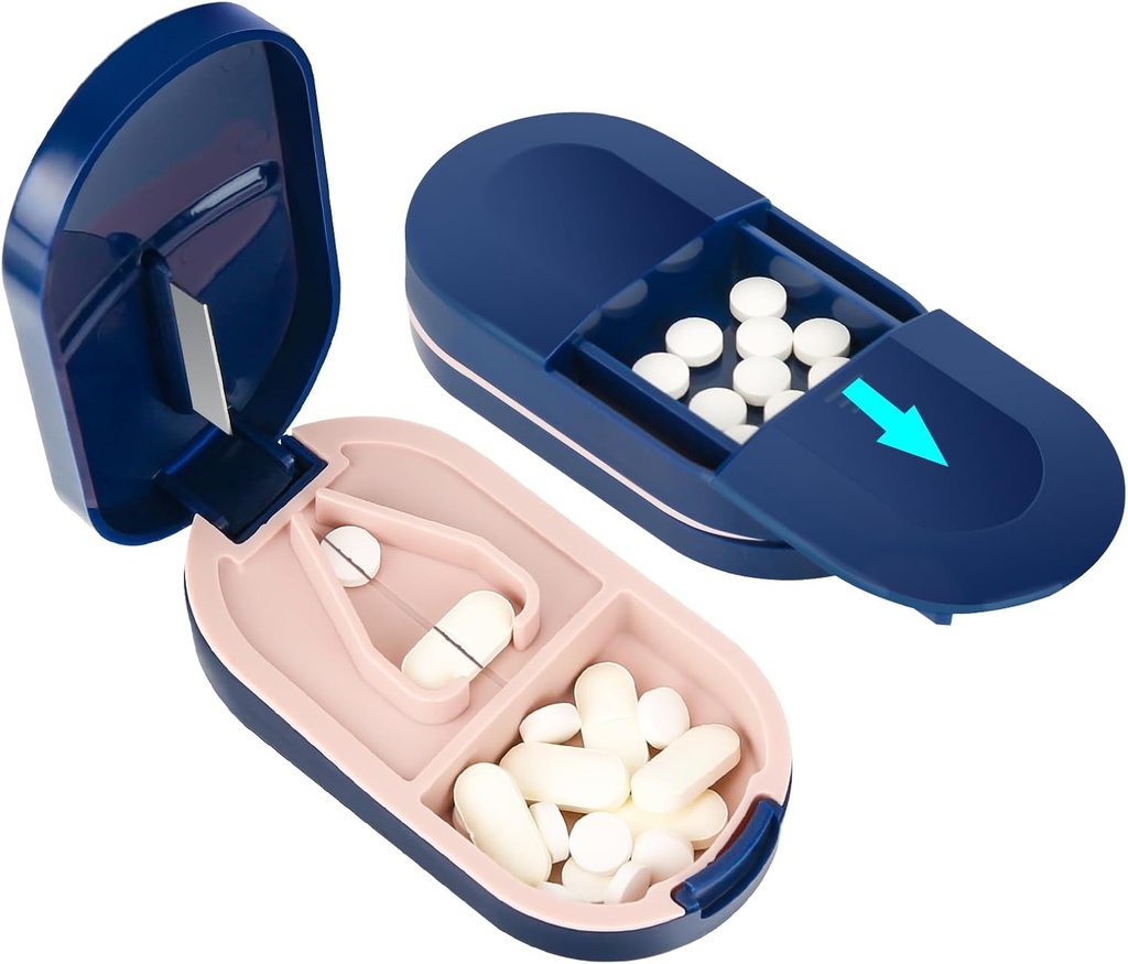BIJSLUITEL Pillensnijder, Portable Pillen Splitter 2-in-1 Pillenkoffer met roestvrij stalen blad, voor kleine of grote vitamines tabletten, Snijd pillen met Mini Pillen Organisator Compartiment