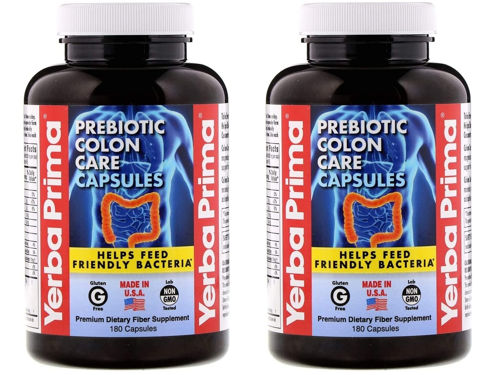 Yerba Prima Prebiotic Colon Care Capsules - 180 Tellen (pakket van 2), Glutenvrij, Trots gemaakt in de VS, Niet-GMO, Oplosbare & Onoplosbaar Vezel, Ondersteunt een gezonde werking Colon