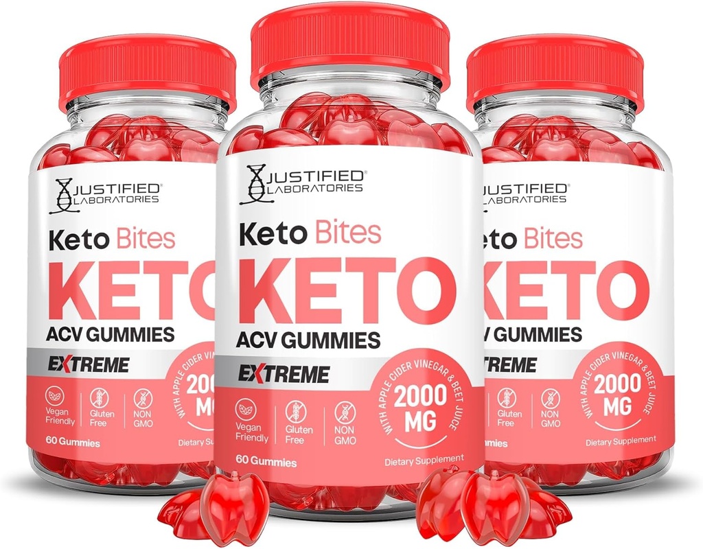 Justified Laboratories (3 Pack Keto Bits Keto ACV Gummies Extreme 2000MG Keto Bites Keto Gummies Apple Cider Vinegar Geformuleerd met Granaatappel Beet Juice Powder B12 Vegan Non GMO 180 Gummys
