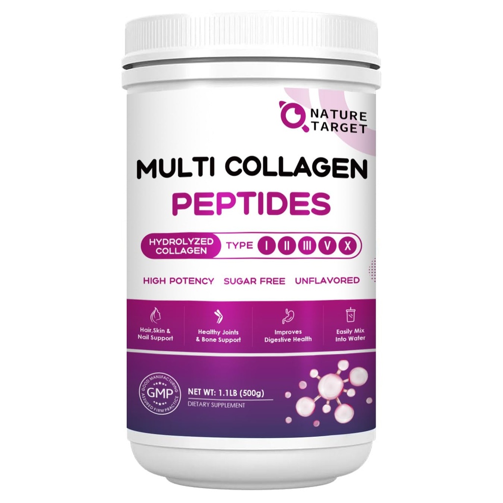 NATURE TARGET Peptides Multi Collagène Poudre - Type I, II, III, V, X - Peptides de Collagène hydrolysés avec l'acide hyaluronique vitamine C, supporte les ongles et articulations de cheveux de peau, gazon, non OGM, 50 portions