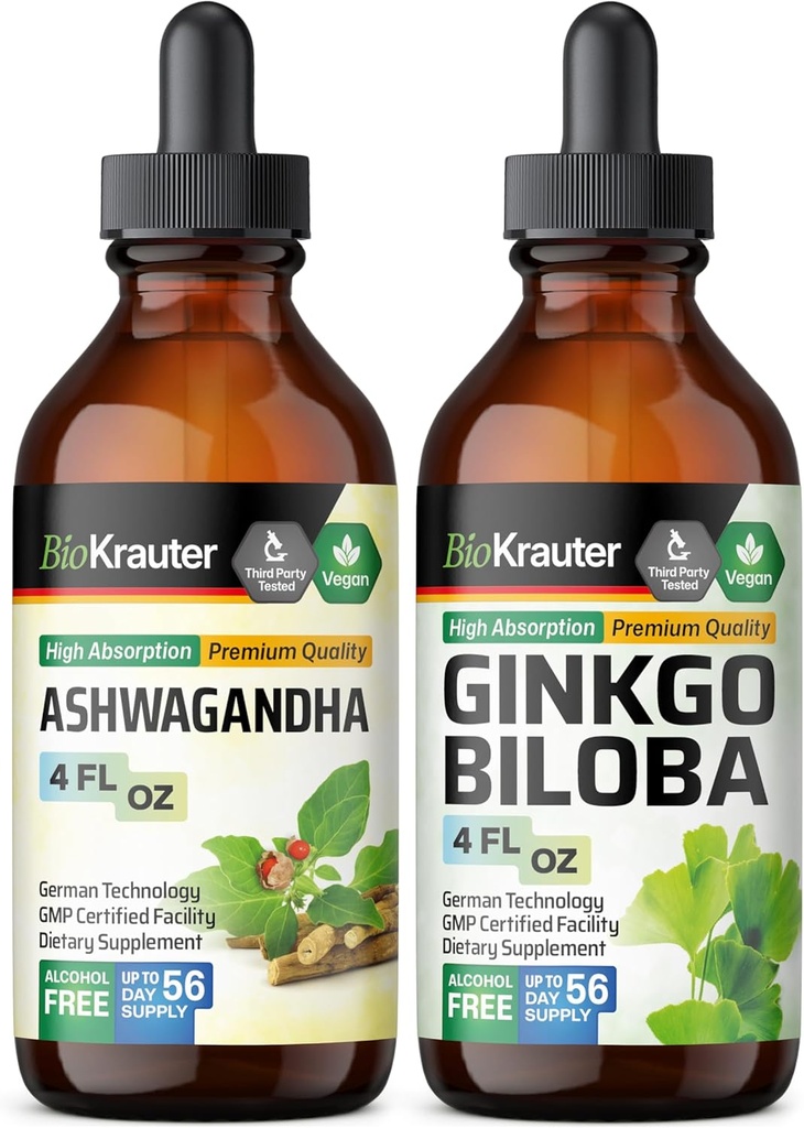 BIO KRAUTER Ashwagandha Tinctuur 4 Fl. Oz. & Ginkgo Biloba Tinctuur 4 Fl. Oz.