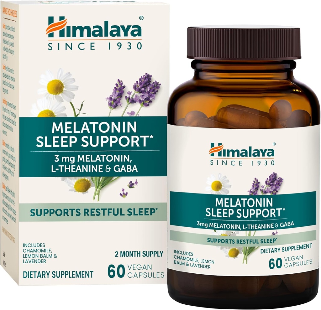 Himalaya Melatonine Sleep Support met GABA, L-Theanine en Melatonine 3mg voor slaapondersteuning en af en toe slapeloosheid, 60 capsules, 2 maanden levering