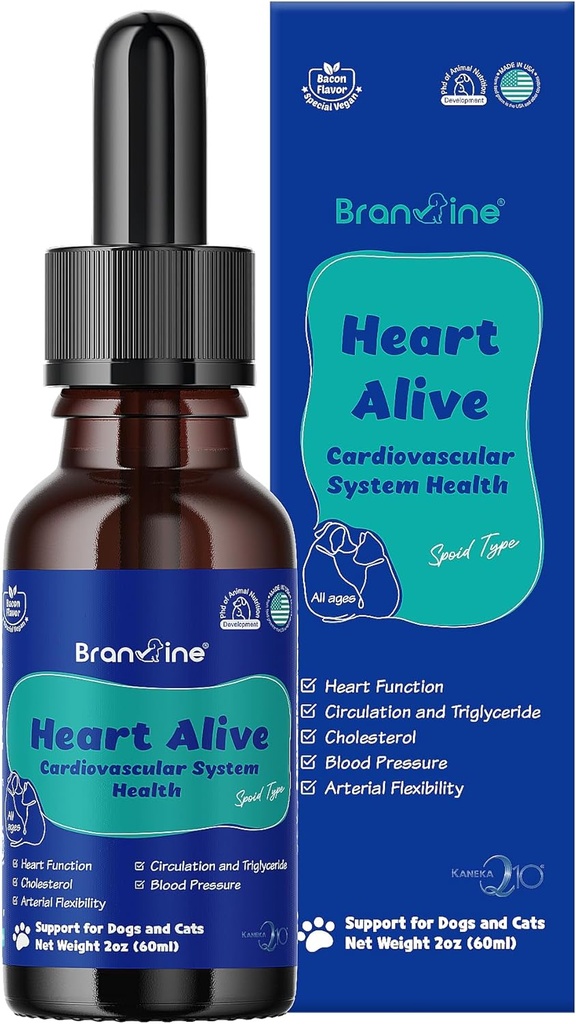 Cœur en vie Système cardio-vasculaire liquide Santé pour les chiens et les chats-huile de poisson norvégienne, Coenzyme Q10, vitamine K2, Policosanol, extrait de berry d'arête, parfum de bacon végétalien (60ml)