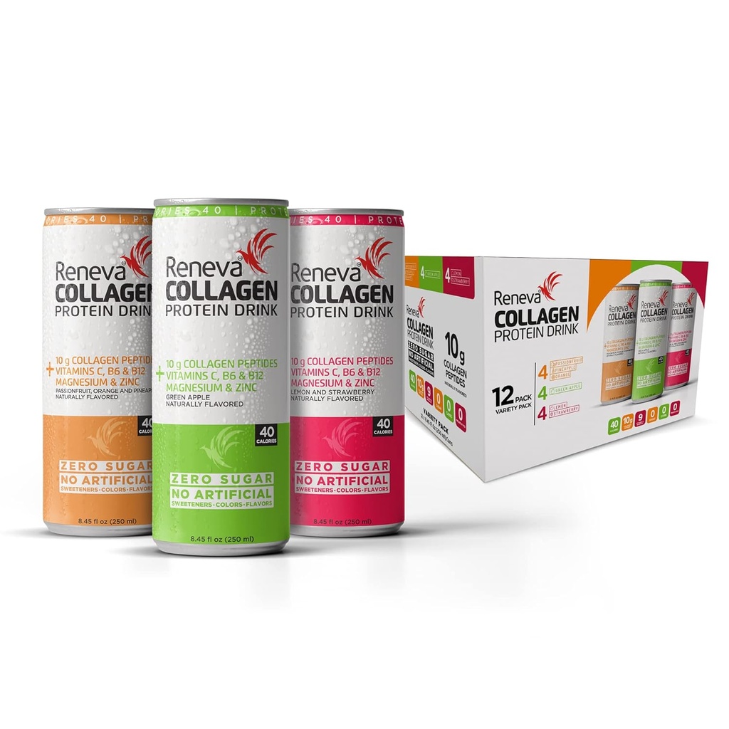 Reneva Collagen Protein Drink - 10g Collagen Peptides, Electrolytes, B-Vitamins, Zinc, and Zero Sugar (Variety Pack)