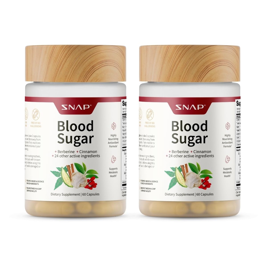 Snap Supplementen Bloedsuiker Blend, CoQ10, Kaneel, Alpha Lipoïnezuur en Gymnoom, Suikervrij, 60 Capsules, 2 Pack