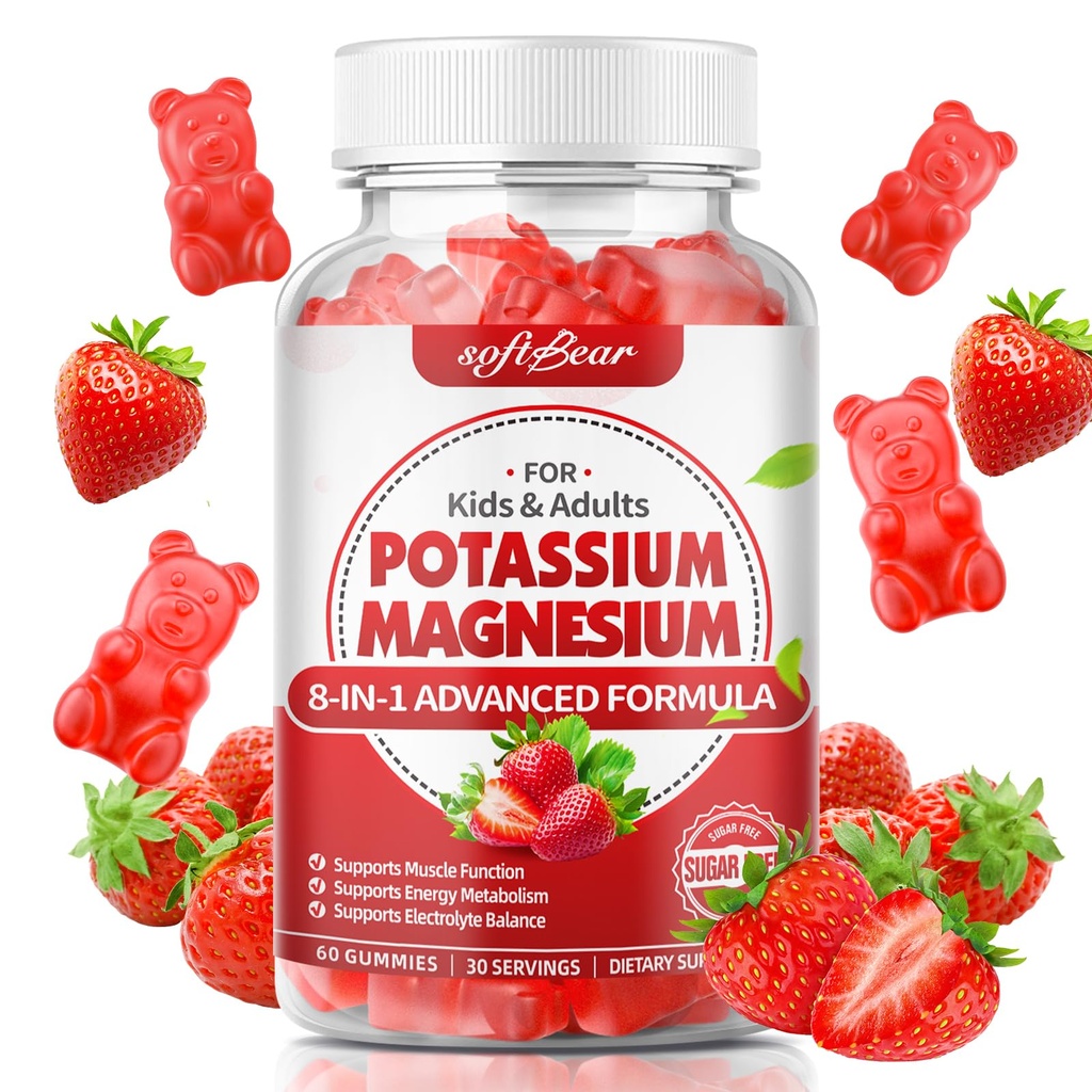 softbear Kalium Gummies voor Volwassenen, Hoge Absorptie Magnesium Kalium Supplement met Vitamine B6 voor Been Krampen & Muscle Health Sugar-Free Vegan Aardbei 60 Gummies