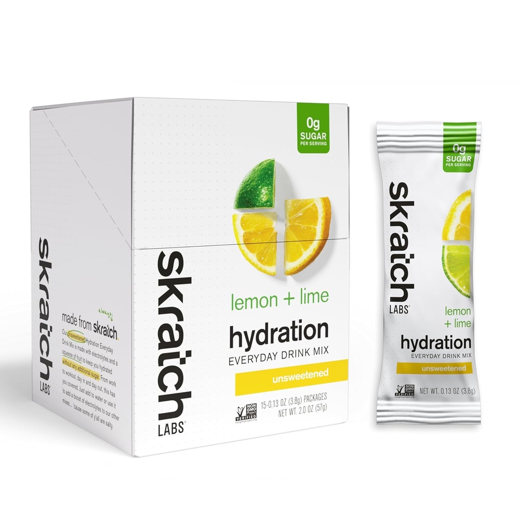 Skratch Labs Unsweeted Electrolyte Powder Packets - Everyday Hydration - Sport Drink Mix - Sugar Free - Electrolytes Booster- Lemon + Lime - 15 Servers - Keto, Paleo, Veganist, Non-GMO