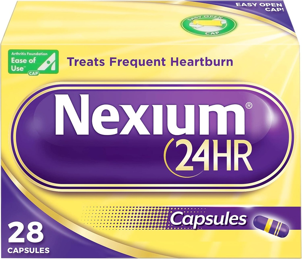 Nexium 24HR Acid Reducer Heartburn Relief Capsules for All-Day and All-Night Protection from Frequent Heartburn, Heartburn Medicine with Esomeprazol Magnesium - 28 Tel.