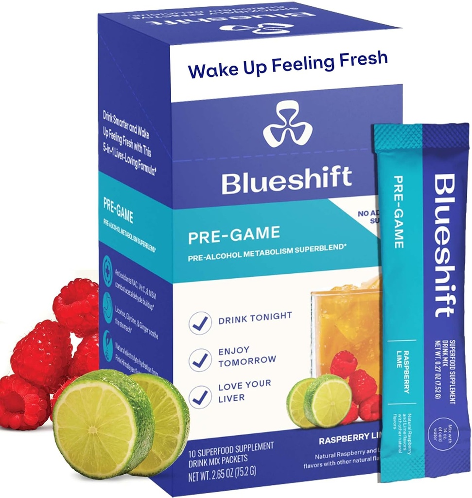 Blueshift Pre-Game - Pre Drinking NAC Supplement, Electrolytes Powder Packets, Hydration Packets, Lever Ondersteuning met Gember, Cysteine, Melkdistel, Geen Suiker Poeder Sticks (10 Pack)