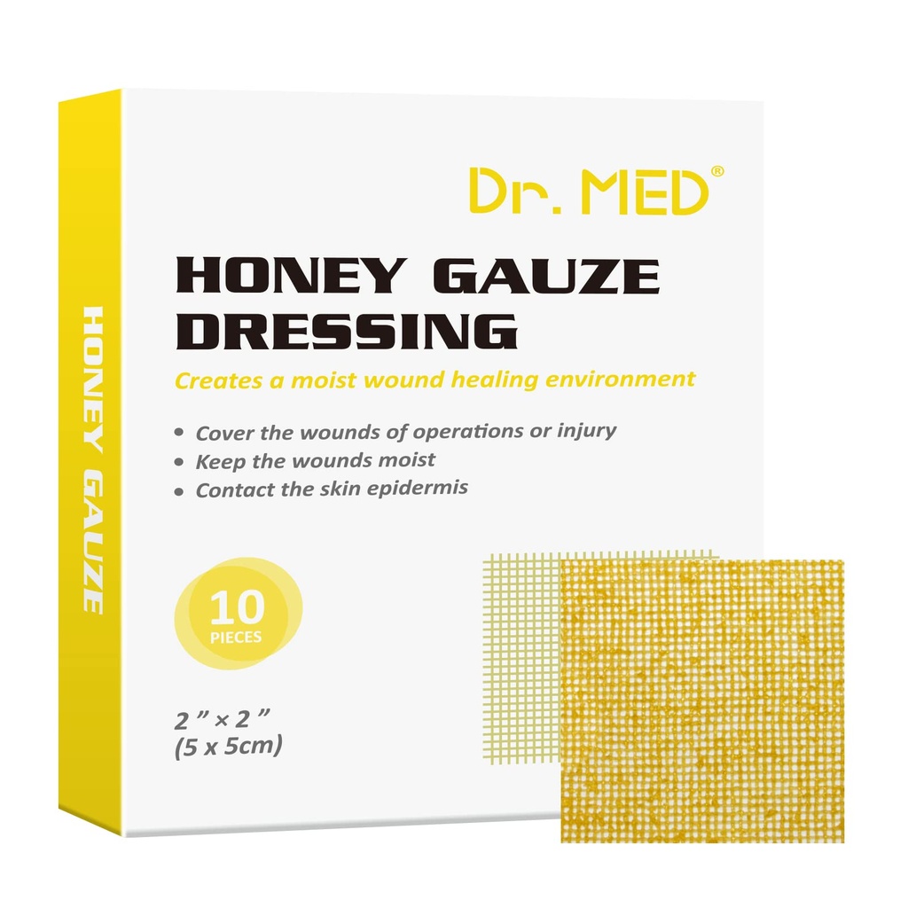 Dre Med Honey Gauze Dressing, 2" x 2" (10 PCS/Box) Honey Medical Bandage Wound Care Patch pour les abrasions mineures, les découpes, les lacérations, l'échaudage et les brûlures pour la guérison des plaies, les produits chimiques et sans drogue