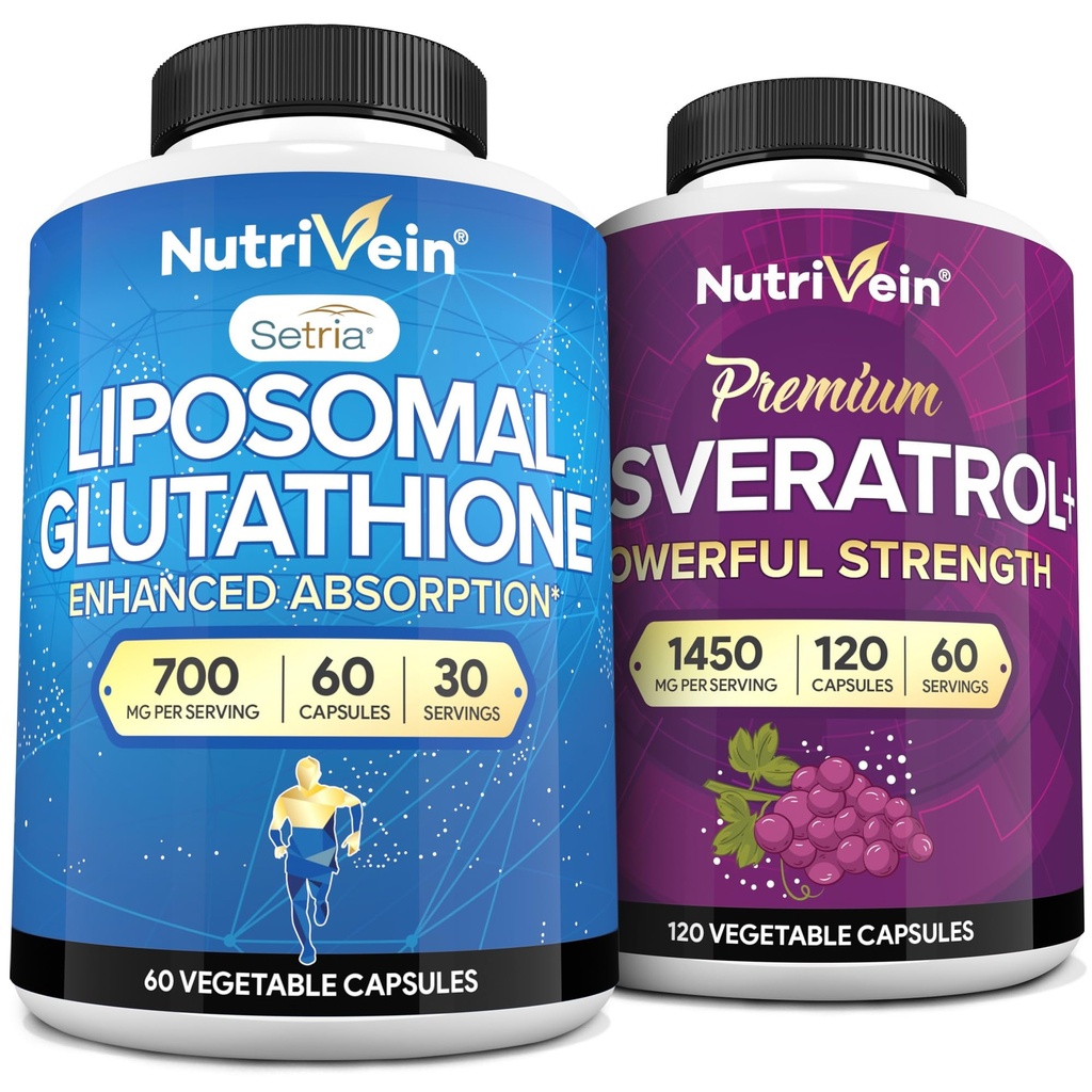 Nutrivein Liposomale Glutathion Supplement & Resveratrol Supplement Bundle: Hoge-Absorptie Liposomale Glutathion & Resveratrol Capsules voor voedingsondersteuning