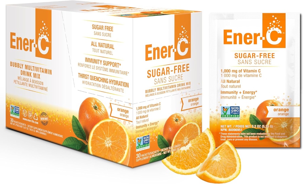 Ener-C Suikervrij Energie Oranje Multivitamine Drinkmix Vitamine C 1000mg & Elektrolyten - Natuurlijke Immuniteitsondersteuning met echt fruitsappoeder Niet-GMO Veganistisch & Glutenvrij - 30 Tel.