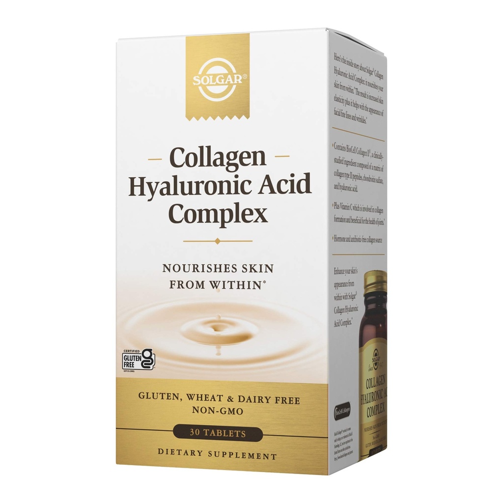 Solgar Collageen Hyaluronzuurcomplex, 30 tabletten - Gehydrolyseerde collagen type 2 - Helpt met fijne lijnen & rimpels - Verhoogt huid collageen & elasticiteit - niet-GMO, gluten & zuivelvrij - 30 porties