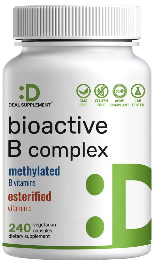 Bioactive Vitamin B Complex for Men & Women, 240 Veggie Capsules - Gemethyleerd B Complex & Esterified Vitamin C 