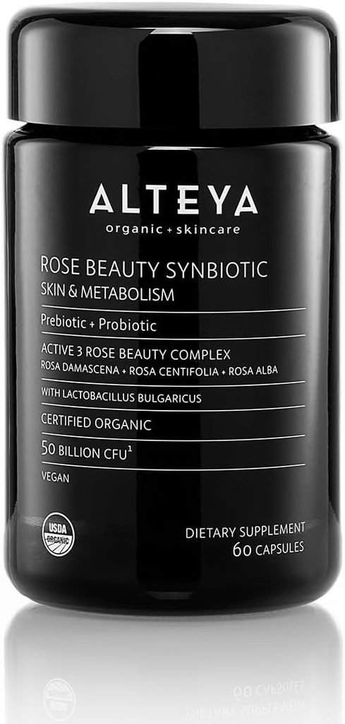 Alteya Organics Beauty Prebiotics + Probiotica and Rose Extracts, Skin Beauty from within Supplement, 50 Miljard CFU & Lactobacillus Bulgaricus for Face and Metabolisme - 60 Capsules