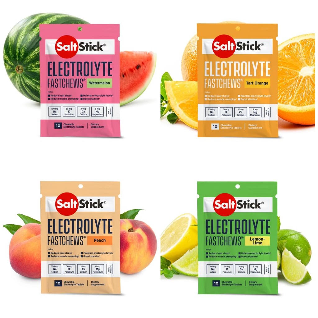SaltStick Fastchews, Electrolyte vervangingstabletten voor rehydratatie, Oefening herstel, Jeugd & volwassen atleten, Wandelen, Sport Herstel, 10ct Variety 4-Pack