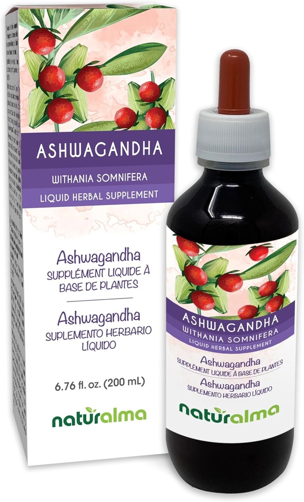 Naturalma Ashwagandha (Withania somnifera) Wortel Alcoholvrije Tinctuur - 6,76 fl oz Liquid Extract in druppels - Kruidensupplement - Veganistisch