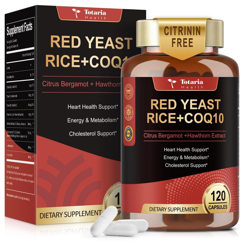 Red Gist Rice 2000mg with CoQ10 Supplement - Citrinine Free Extract Red Gist Rice Capsules with CoQ10 100 Plus Citrus Bergamot - Cholesterol Lowering Supplements 3rd-Party Tested Vegan Non-GMO