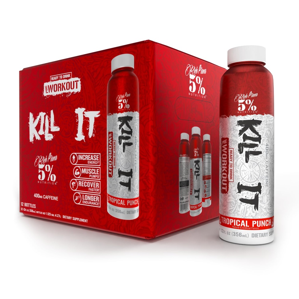 5% Nutrition Kill It Ready-to-Drink High Stim Pre Workout | 400mg Caffeine Energy Drink | Extreme Pump, Endurance, Focus & Hydration | Citrulline, Beta Alanine, Taurine | 12 Pack (Tropical Punch)