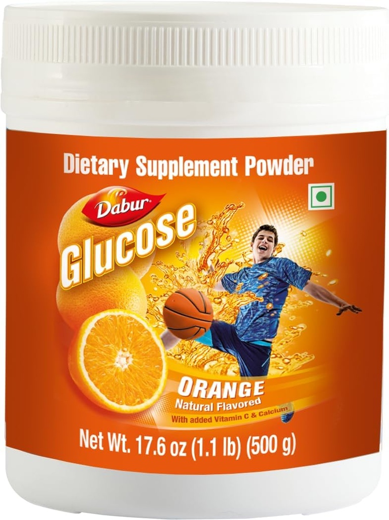 Dabur Glucose - Glucosepoeder - verrijkt met vitamine D en calcium - A smakelijk oranje - 500 Gram