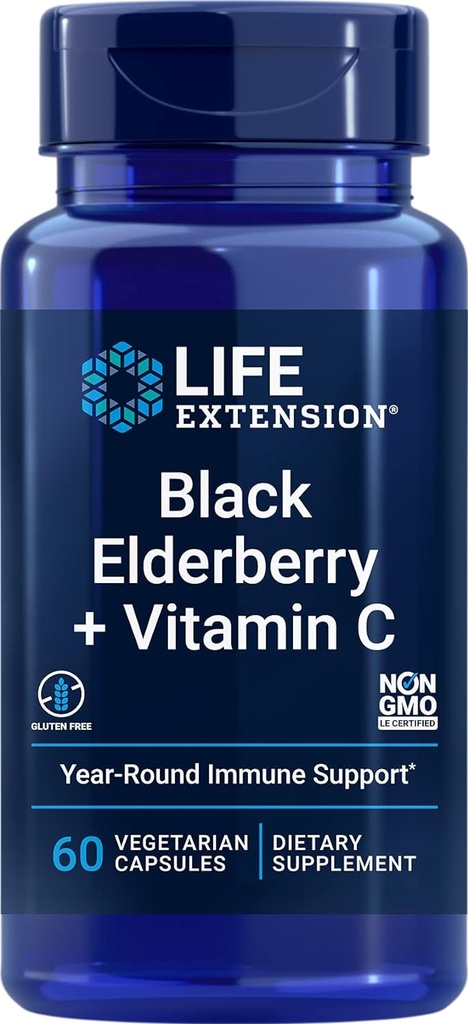 Prolongation de la durée de vie Fraisier noir + Vitamine C, Immune quotidienne Soutien de Fraisier et Vitamine C, Sans gluten, Sans OGM, Végétarien, 60 Capsules