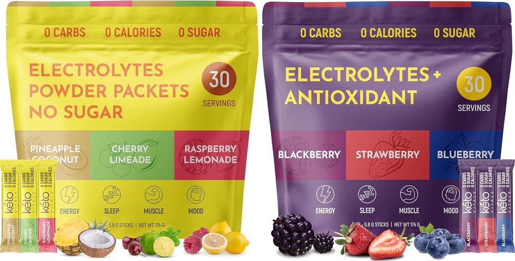 Keto Vitals Tropical & Berry Assorted 2 Pack Bundle Electrolyte Powder Bundle: Tropical & Berry Assorted Flavors - Sugar-Free & Zero Calorie Electrolyte Drink Mix Packets, 60 Servers