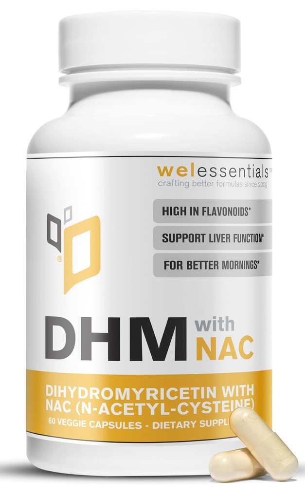 Dihydromyricetine DHM met NAC - 650 mg x 60 capsules - 300 mg N-Acetyl-Cysteine, 350 mg Dihydromyricetine - maximale sterkte Dieetsupplement voor leverondersteuning, hydratatie