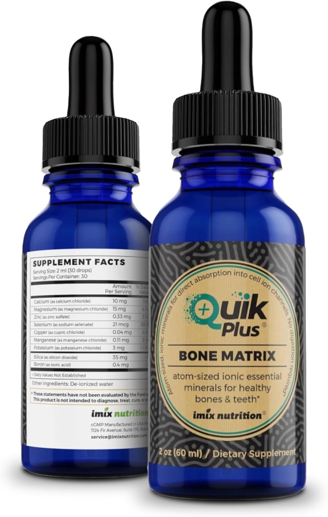 Matrix de os QuikPlus avec du calcium, du magnésium, du zinc et du potassium - Comprend 9 minéraux liquides ioniques, collagène pour le soutien des os et des dents, végétalien, sans gluten, tout naturel (2 Oz)