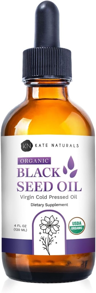 Kate Naturals Organic Black Seed Oil (4oz, Virgin, Cold Pressed, Non-GMO) Liquid Nigella Sativa for Immune Support & Digestie. Pure Blackseed komijnolie voor haar en huid