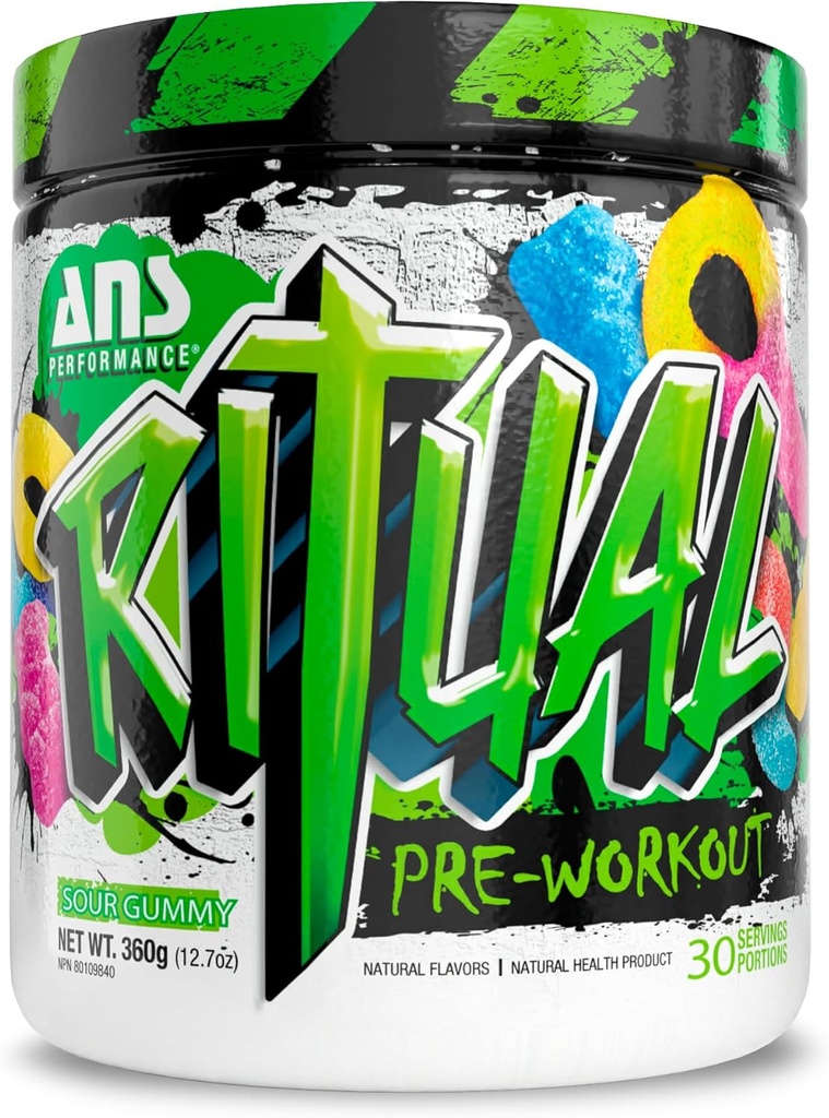 ANS Performance Ritual Pre Workout (30 porties, 12,7 oz) - Complete Preworkout Formula - Energie, Focus, & Strength - Verhoog Power Output & Workout Volume - Endurance & Uithoudingsvermogen (Sour Gummy)