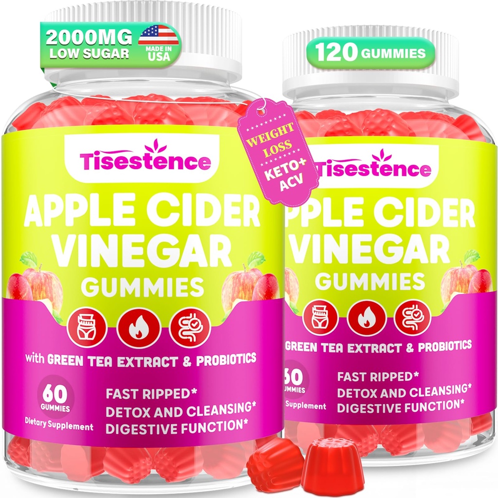 Apple Cider Vinegar Gummies, Keto ACV Gummies for Women and Men, Apple Cider Vinegar Supplement met groene thee, B12, Probiotic for Detox Cleanse, Metabolisme & Digestive Health, Vegan - 2 maanden levering